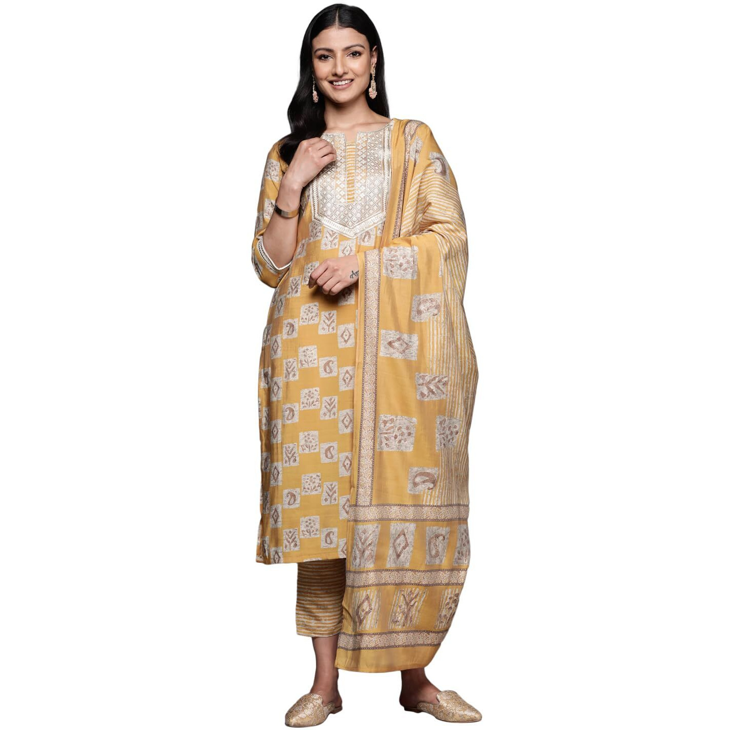 Libas Womens Yoke Design Silk Blend Straight Kurta With Trousers And Dupatta
