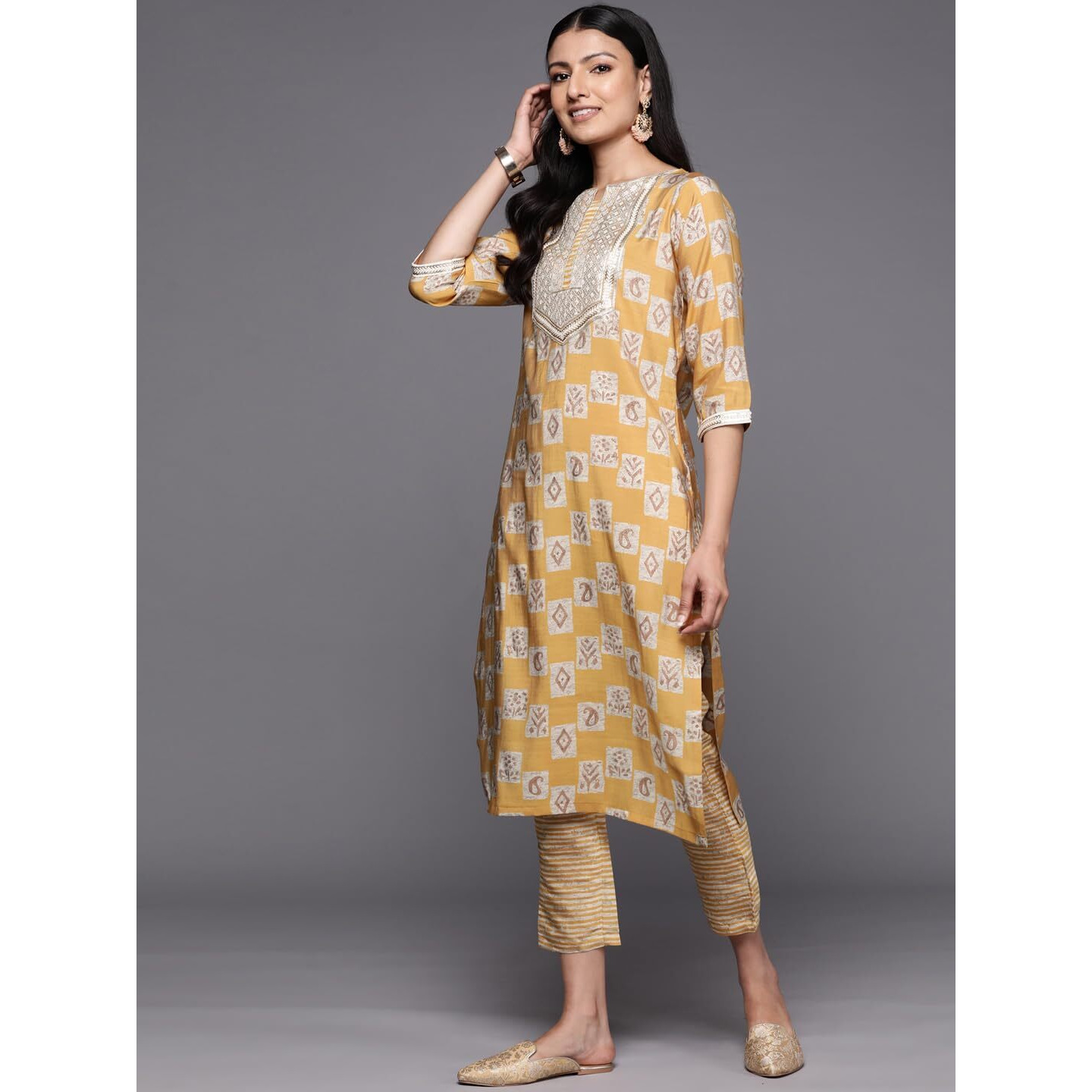 Libas Womens Yoke Design Silk Blend Straight Kurta With Trousers And Dupatta