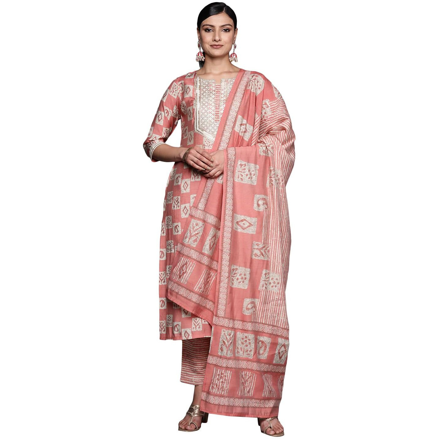 Libas Womens Yoke Design Silk Blend Straight Kurta With Trousers And Dupatta