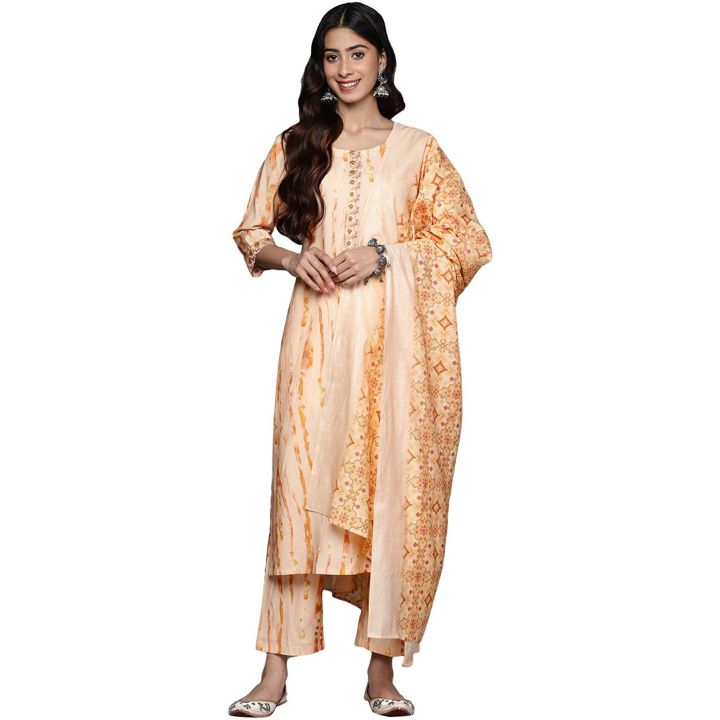 Libas Womens Printed Silk Blend Straight Kurta With Trousers And Dupatta