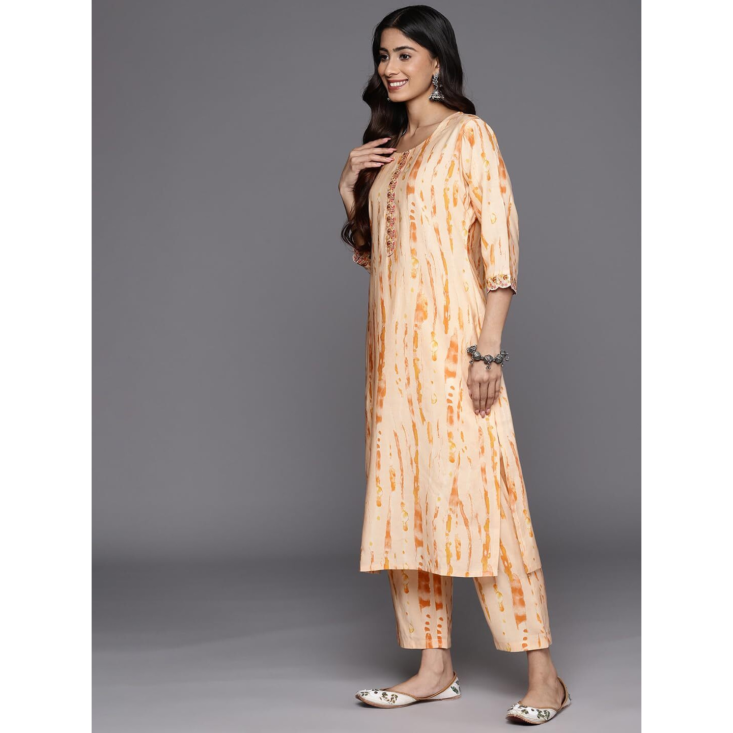 Libas Womens Printed Silk Blend Straight Kurta With Trousers And Dupatta