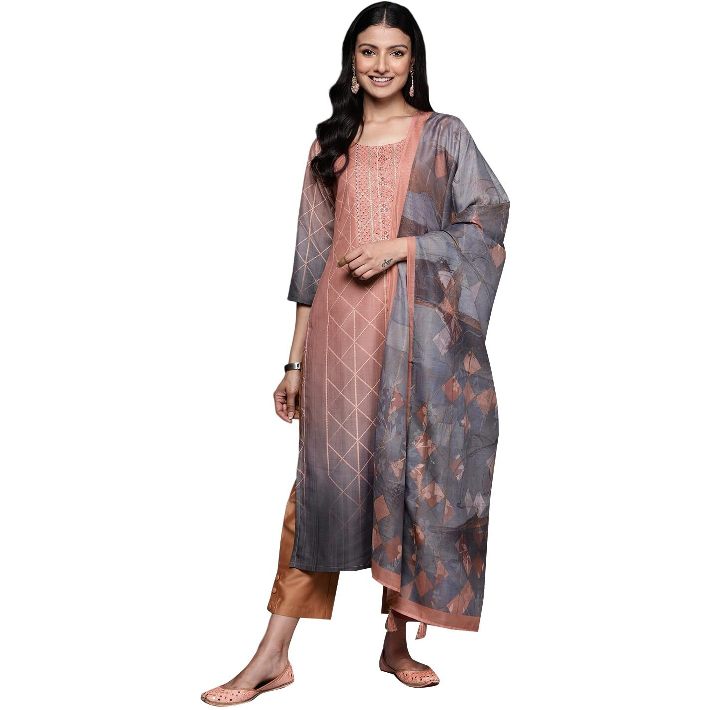 Libas Womens Yoke Design Silk Blend Straight Kurta With Trousers And Dupatta