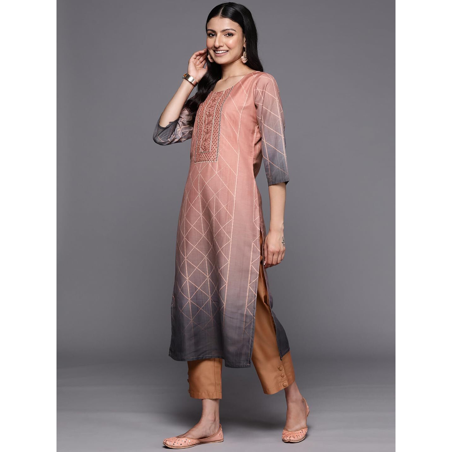 Libas Womens Yoke Design Silk Blend Straight Kurta With Trousers And Dupatta
