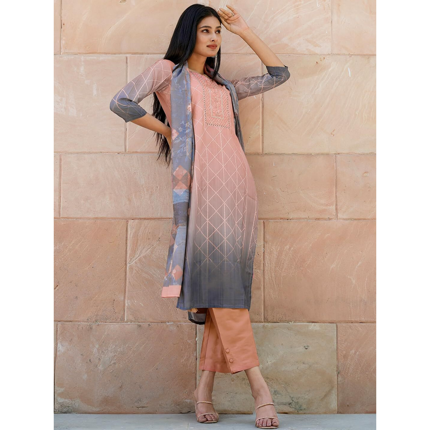 Libas Womens Yoke Design Silk Blend Straight Kurta With Trousers And Dupatta