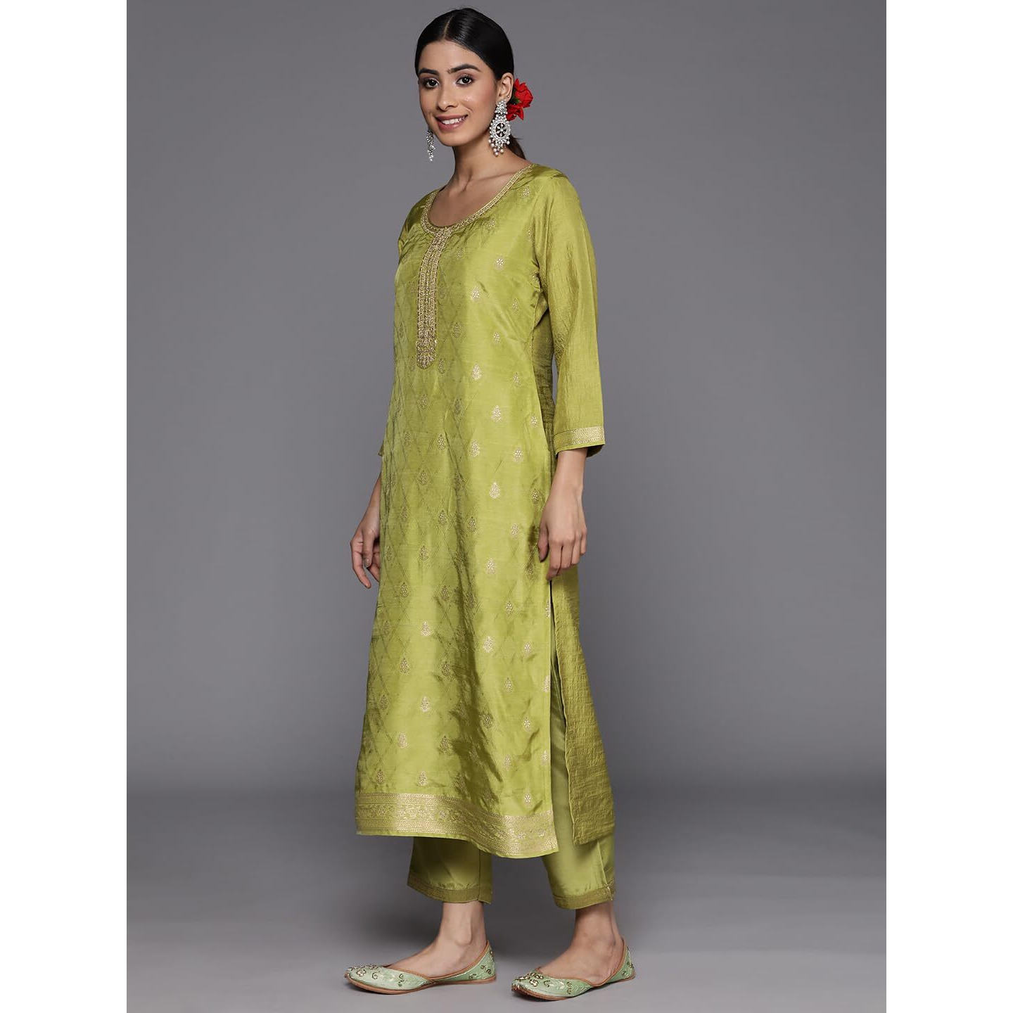 Libas Women's Silk Blend Kurta Set (38051O_Green_Xs)