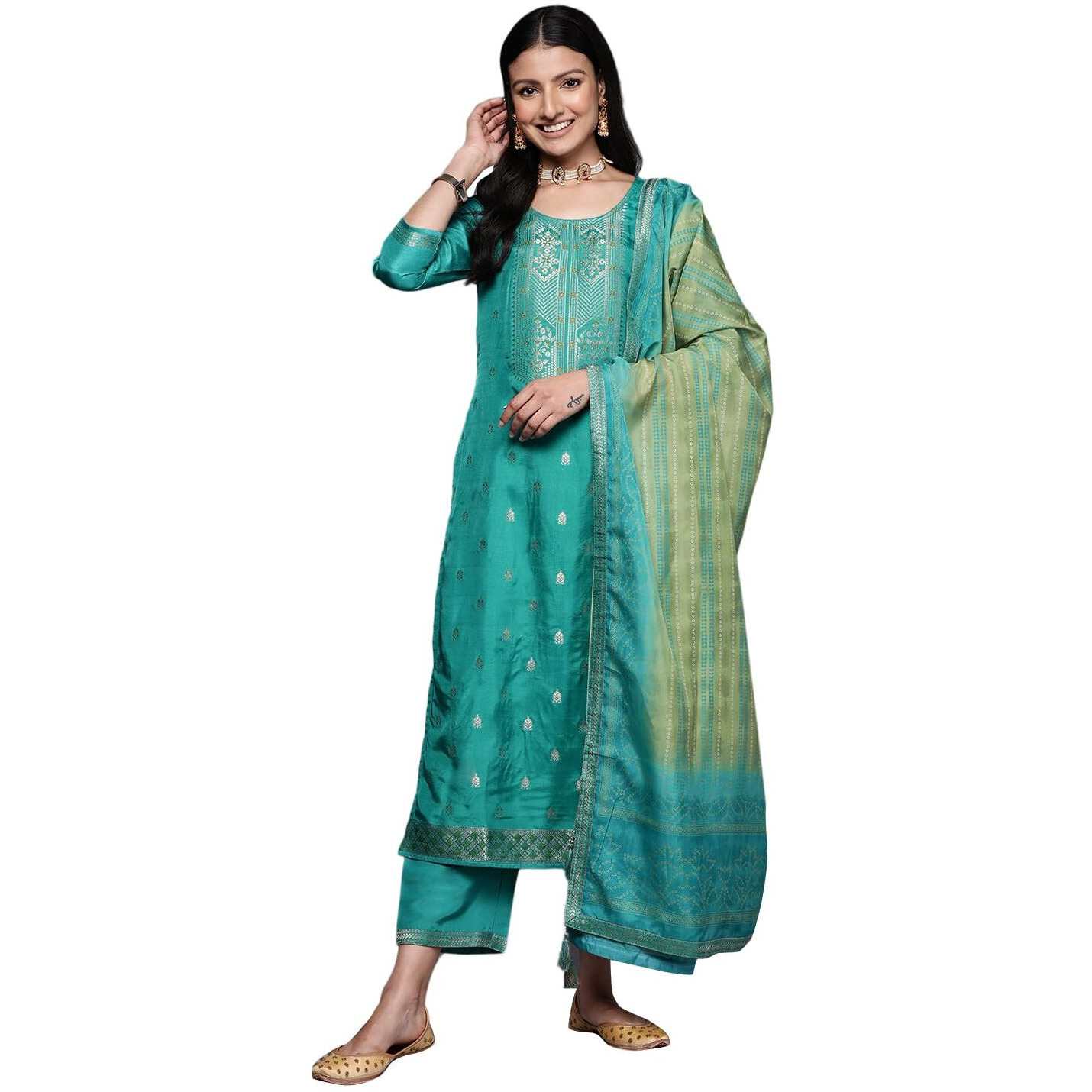 Libas Womens Self Design Silk Blend Straight Kurta With Trousers And Dupatta