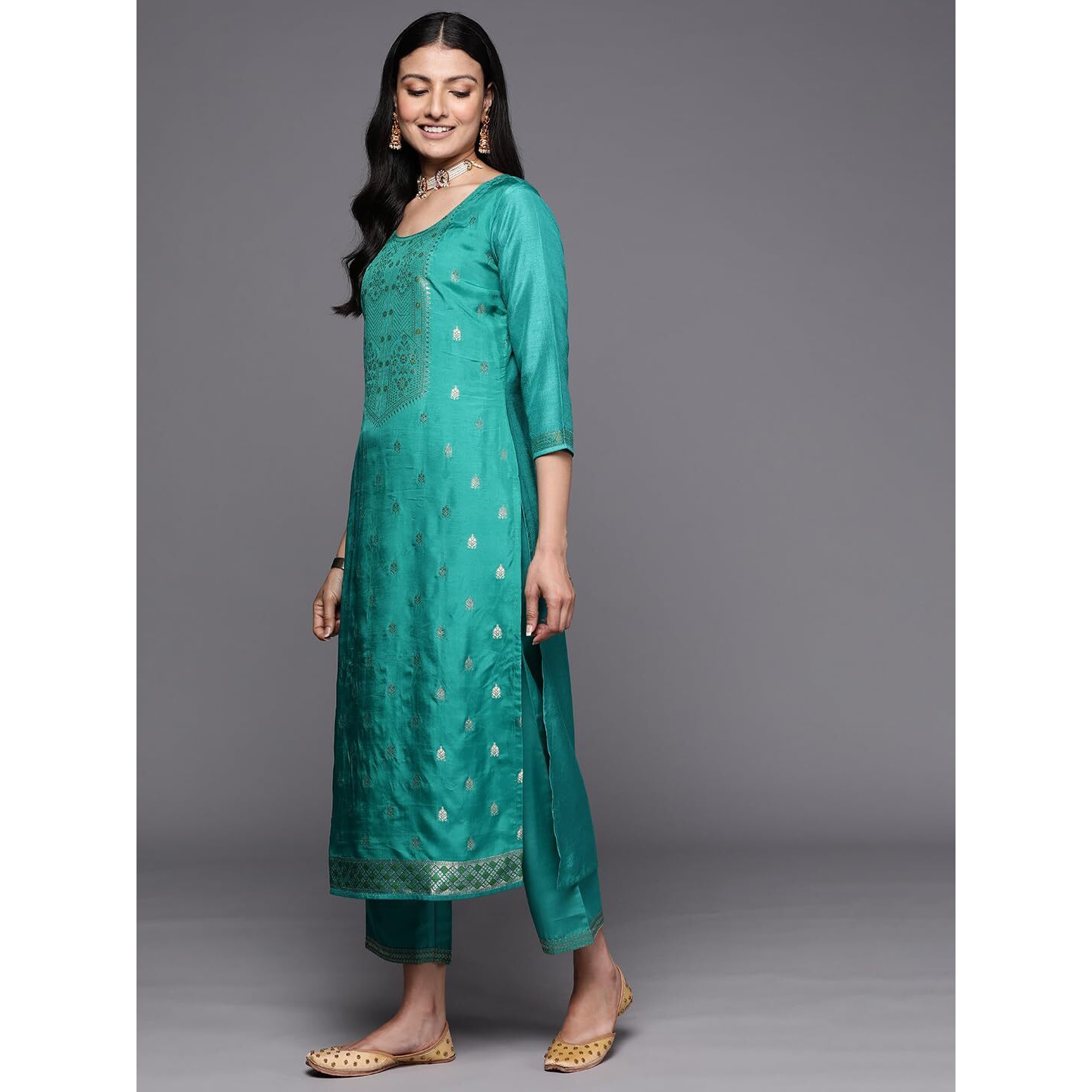 Libas Womens Self Design Silk Blend Straight Kurta With Trousers And Dupatta