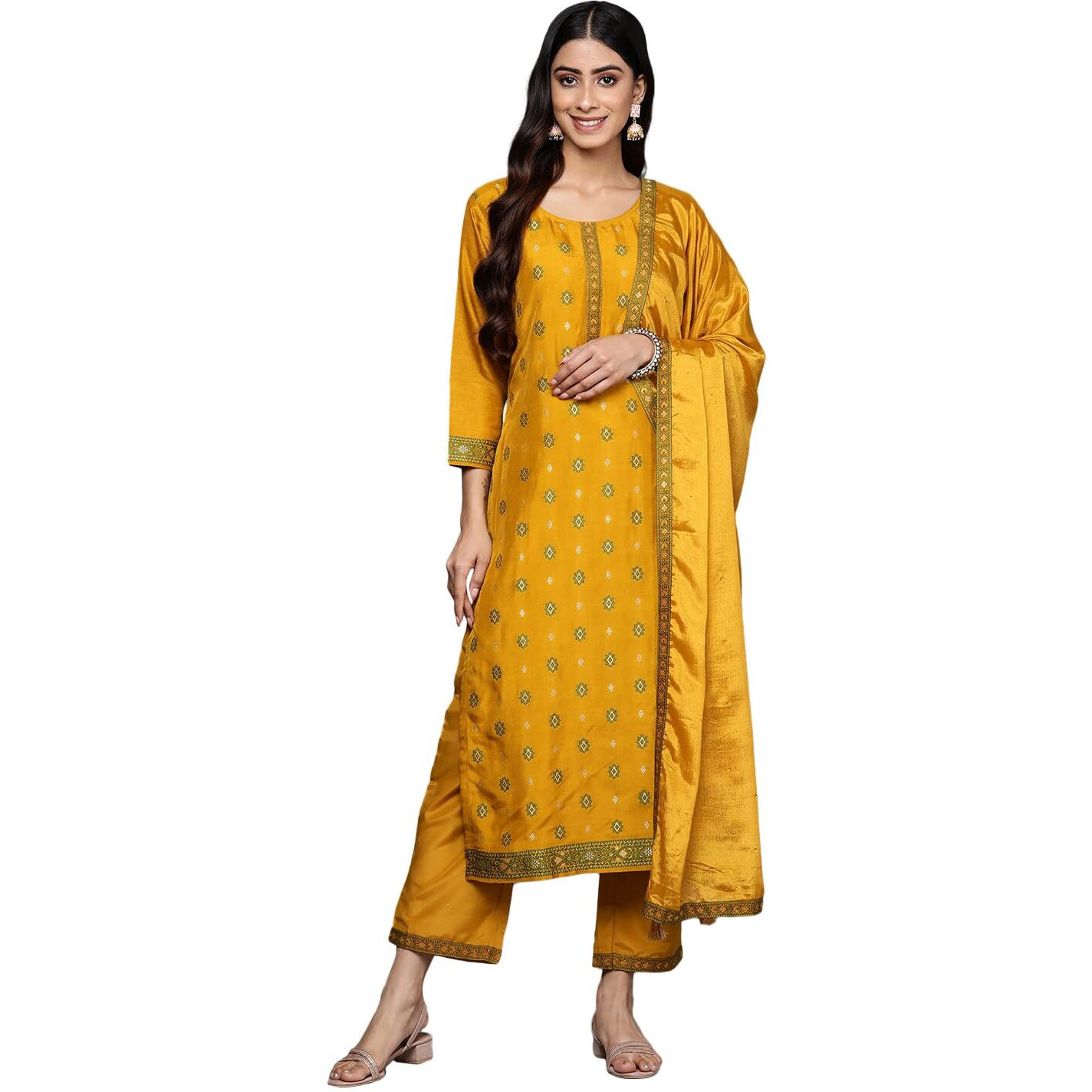 Libas Womens Self Design Silk Blend Straight Kurta With Trousers And Dupatta