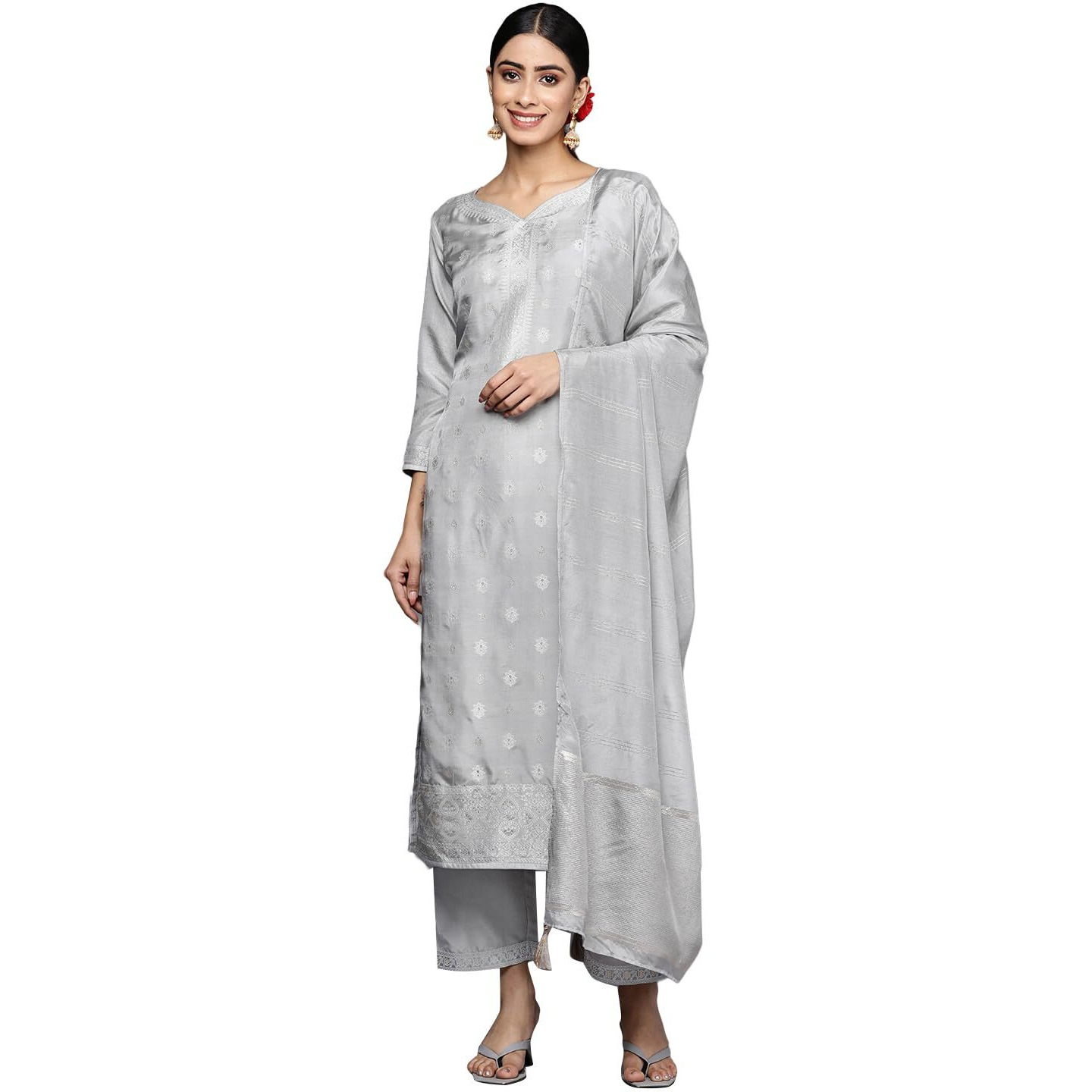 Libas Womens Self Design Silk Blend Straight Kurta With Trousers And Dupatta