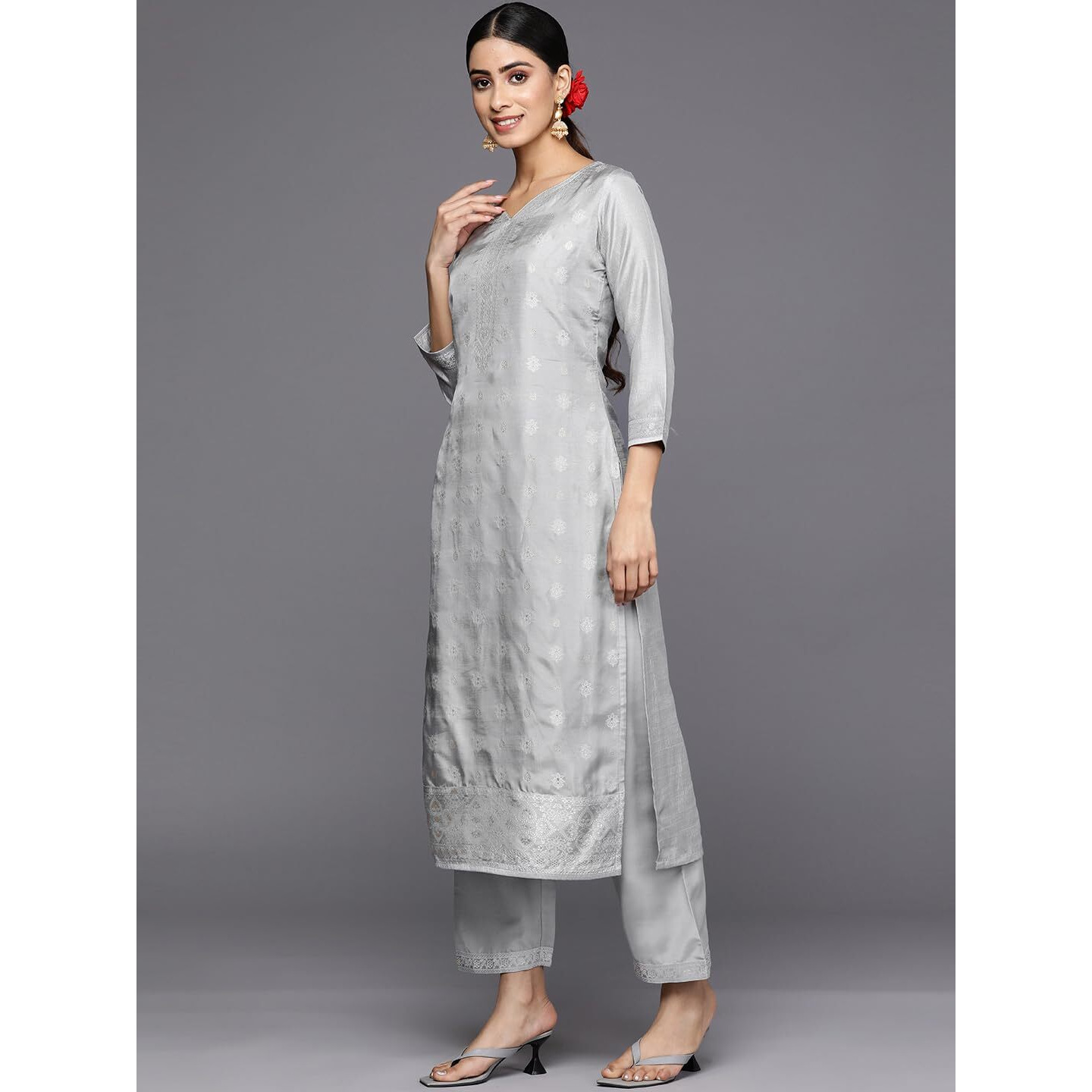 Libas Womens Self Design Silk Blend Straight Kurta With Trousers And Dupatta