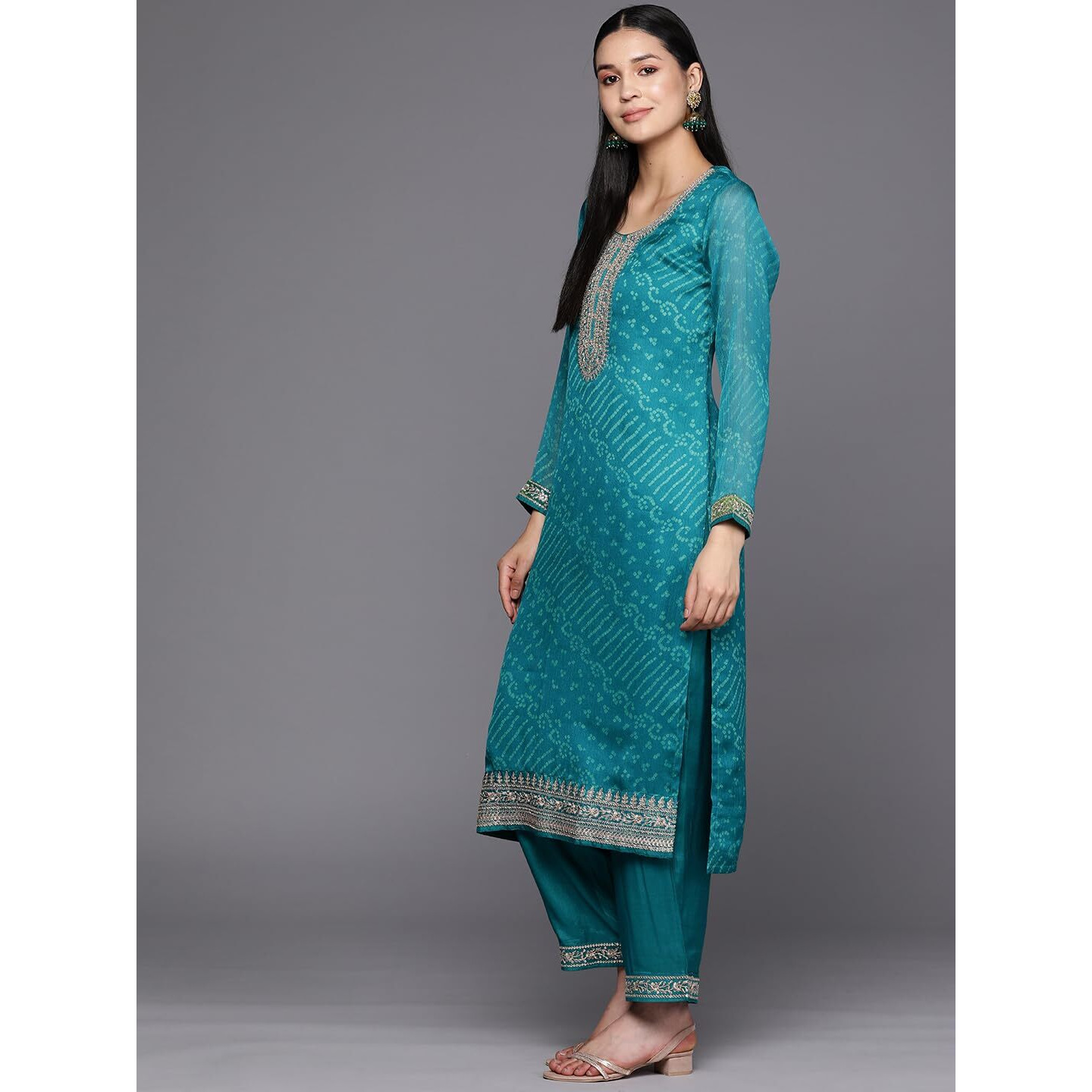 Libas Women's Poly Chiffon Kurta Sets (38126O_Turquoise Blue