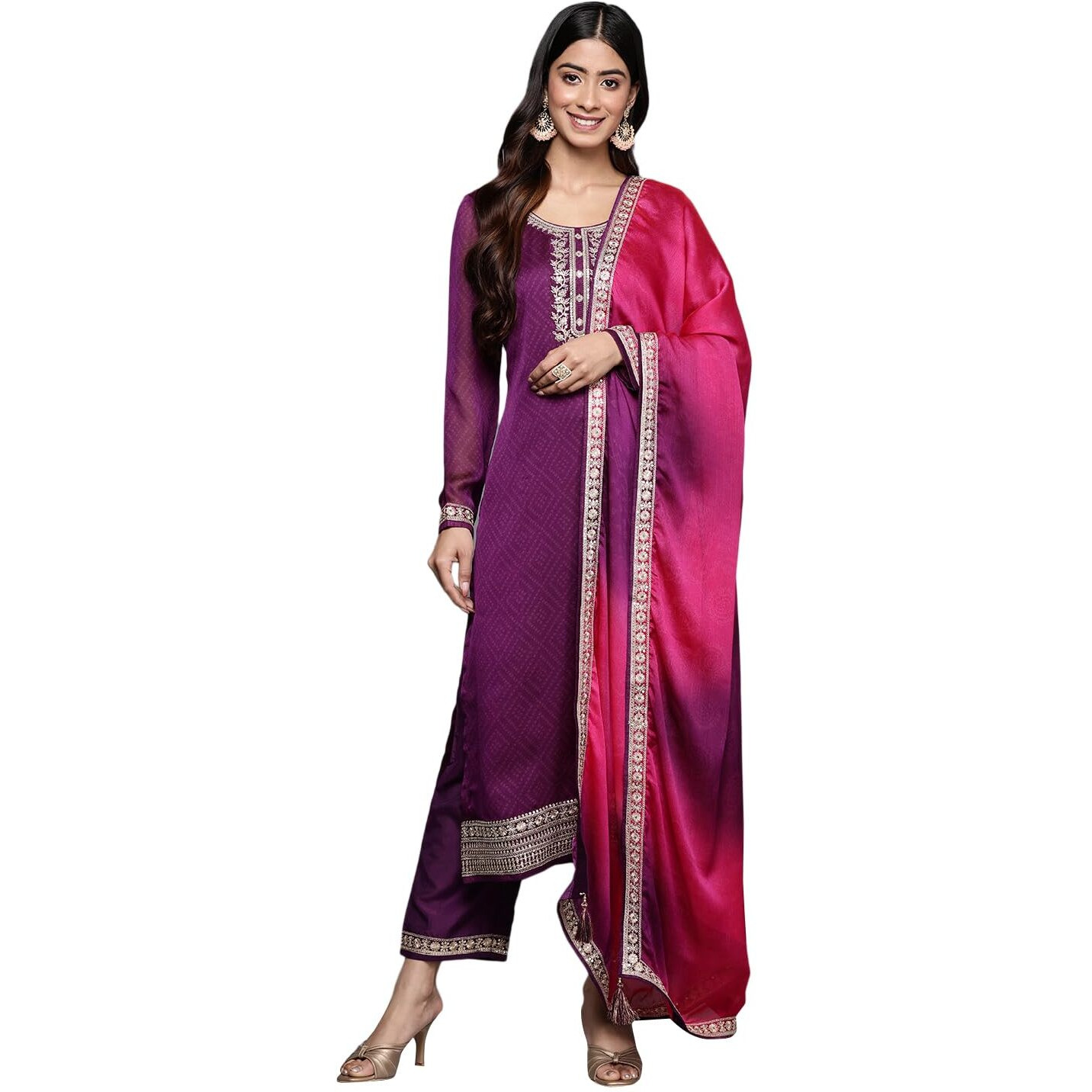 Libas Womens Printed Chiffon Straight Kurta With Trousers And Dupatta