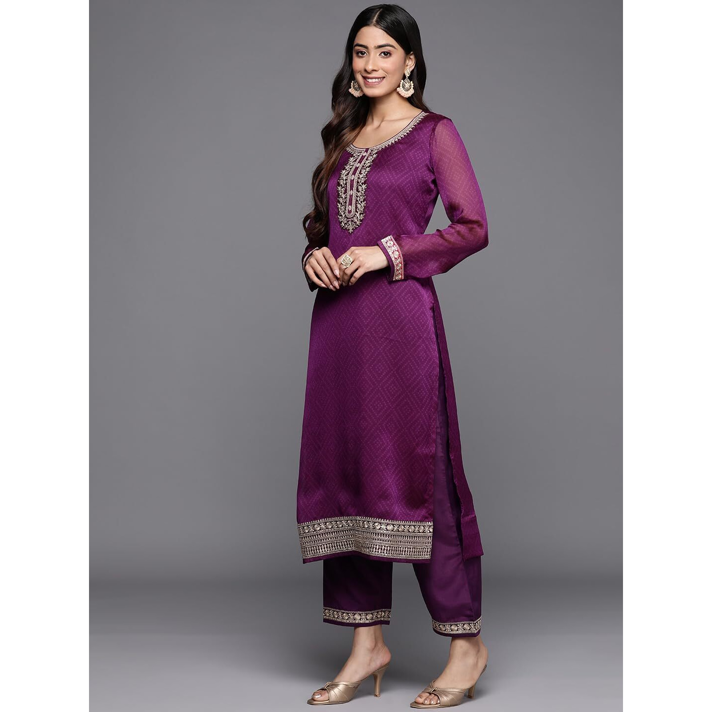 Libas Womens Printed Chiffon Straight Kurta With Trousers And Dupatta