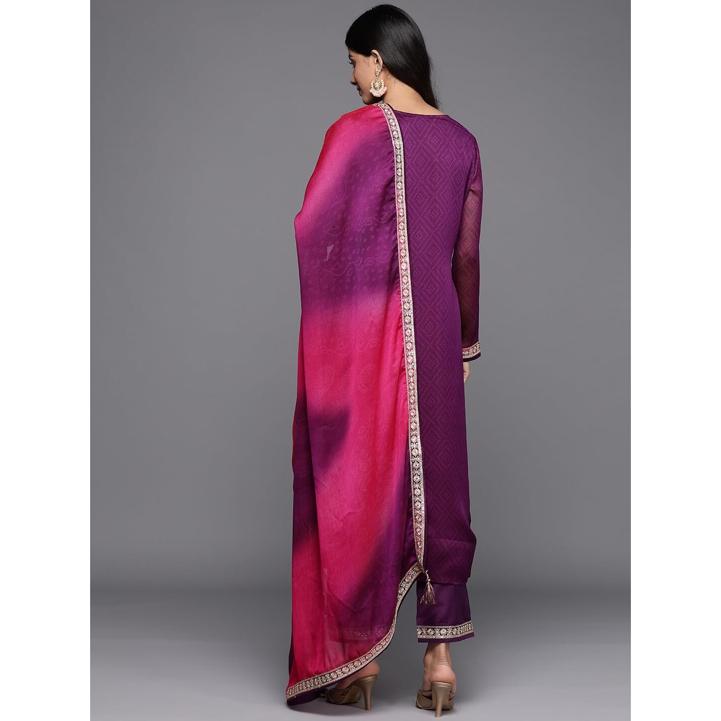 Libas Womens Printed Chiffon Straight Kurta With Trousers And Dupatta