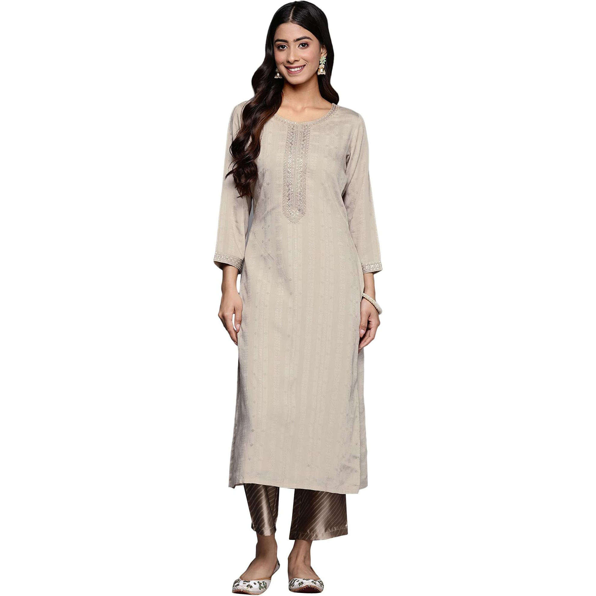 Libas Women's Viscose Rayon Woven Design Straight Kurta (28069_Taupe