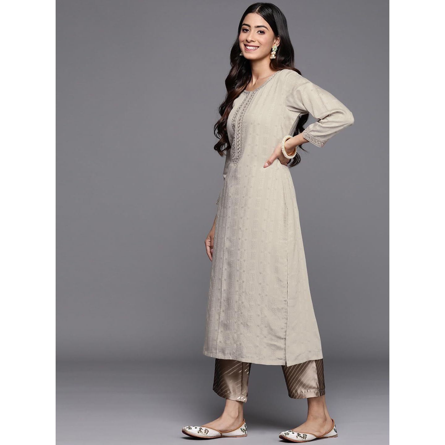 Libas Women's Viscose Rayon Woven Design Straight Kurta (28069_Taupe