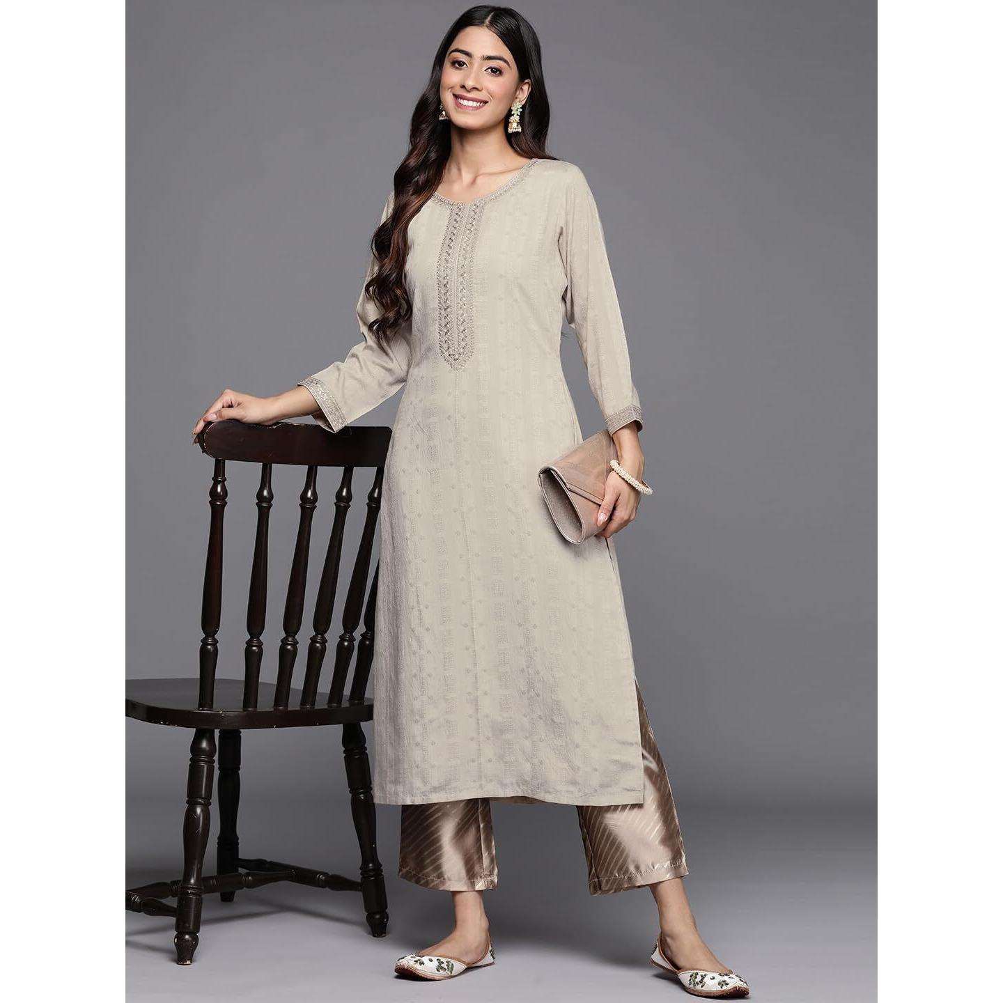 Libas Women's Viscose Rayon Woven Design Straight Kurta (28069_Taupe