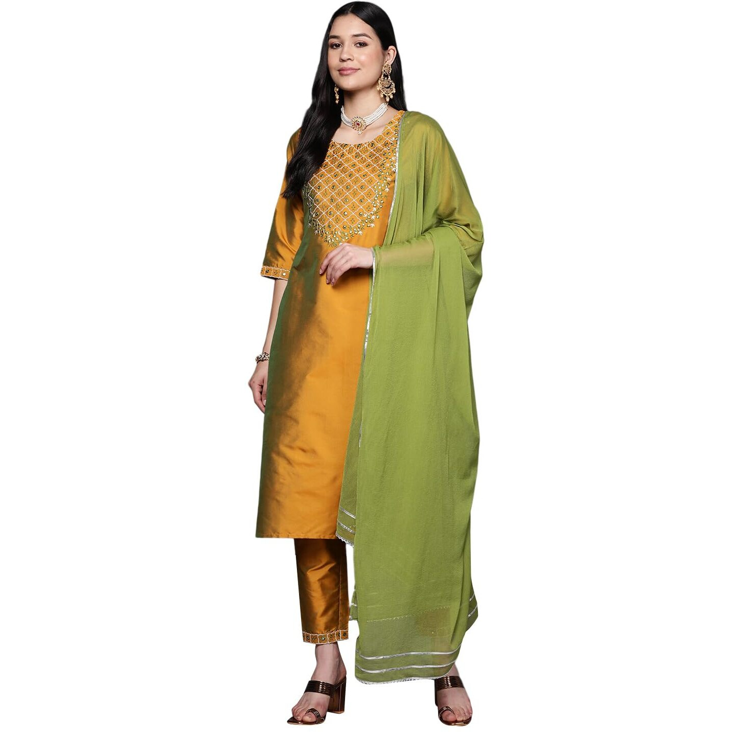 Libas Womens Yoke Design Silk Blend Straight Kurta With Trousers And Dupatta
