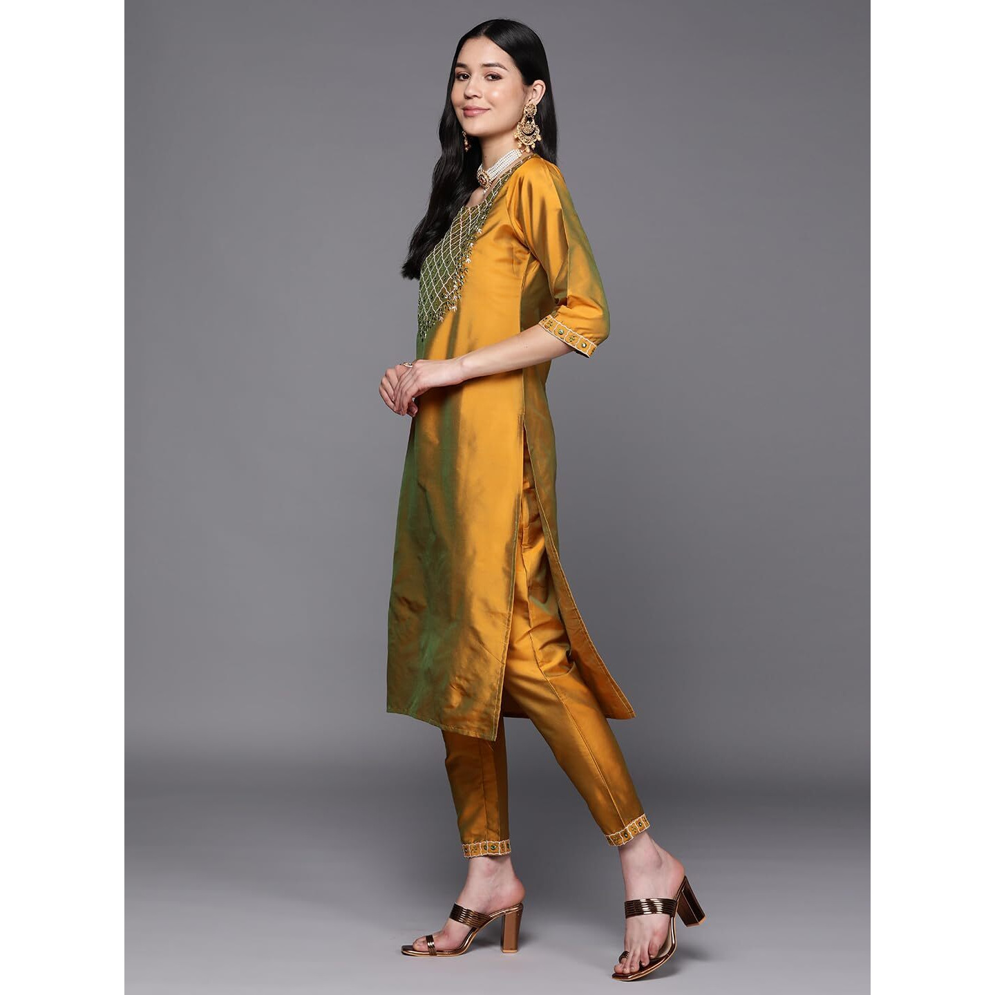 Libas Womens Yoke Design Silk Blend Straight Kurta With Trousers And Dupatta