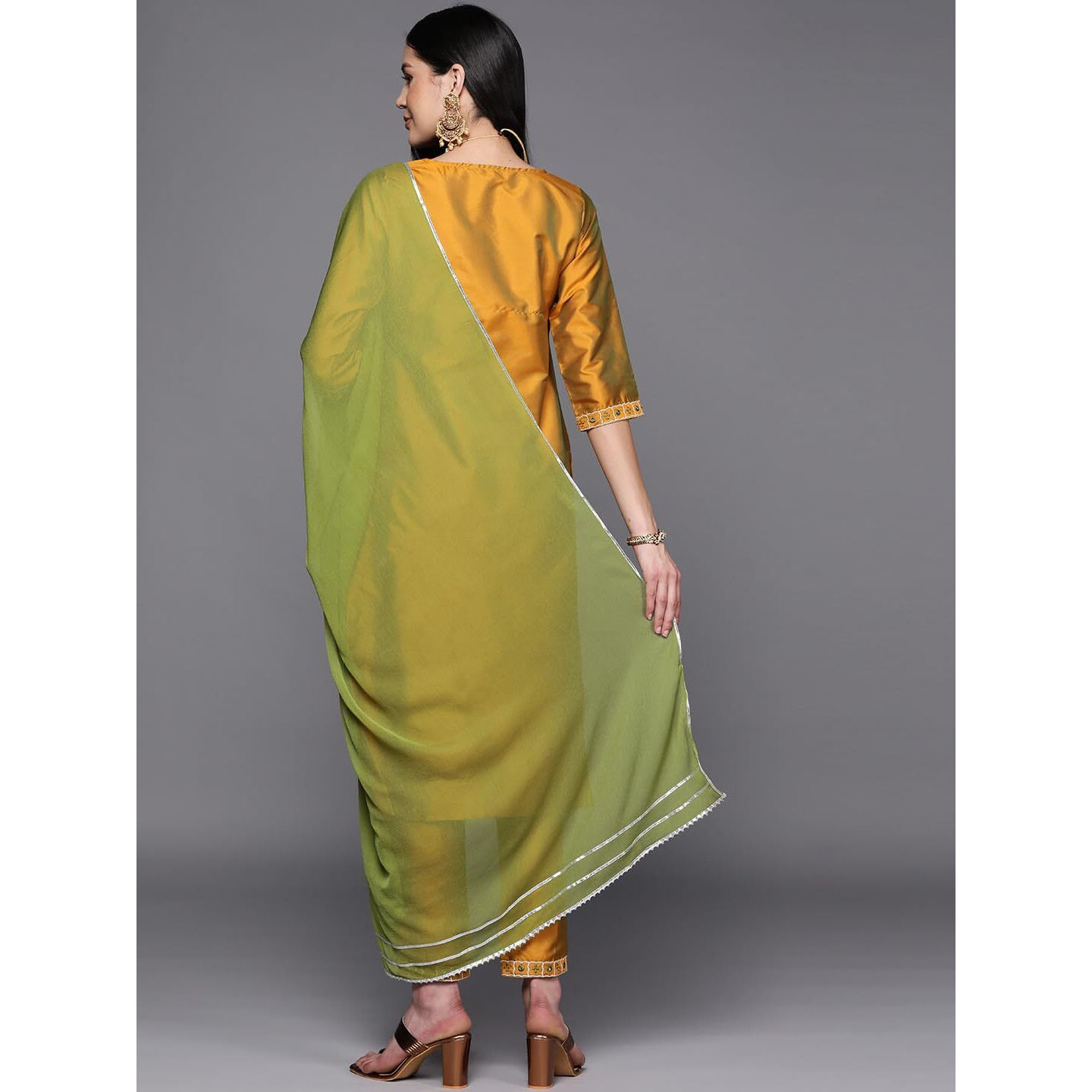 Libas Womens Yoke Design Silk Blend Straight Kurta With Trousers And Dupatta