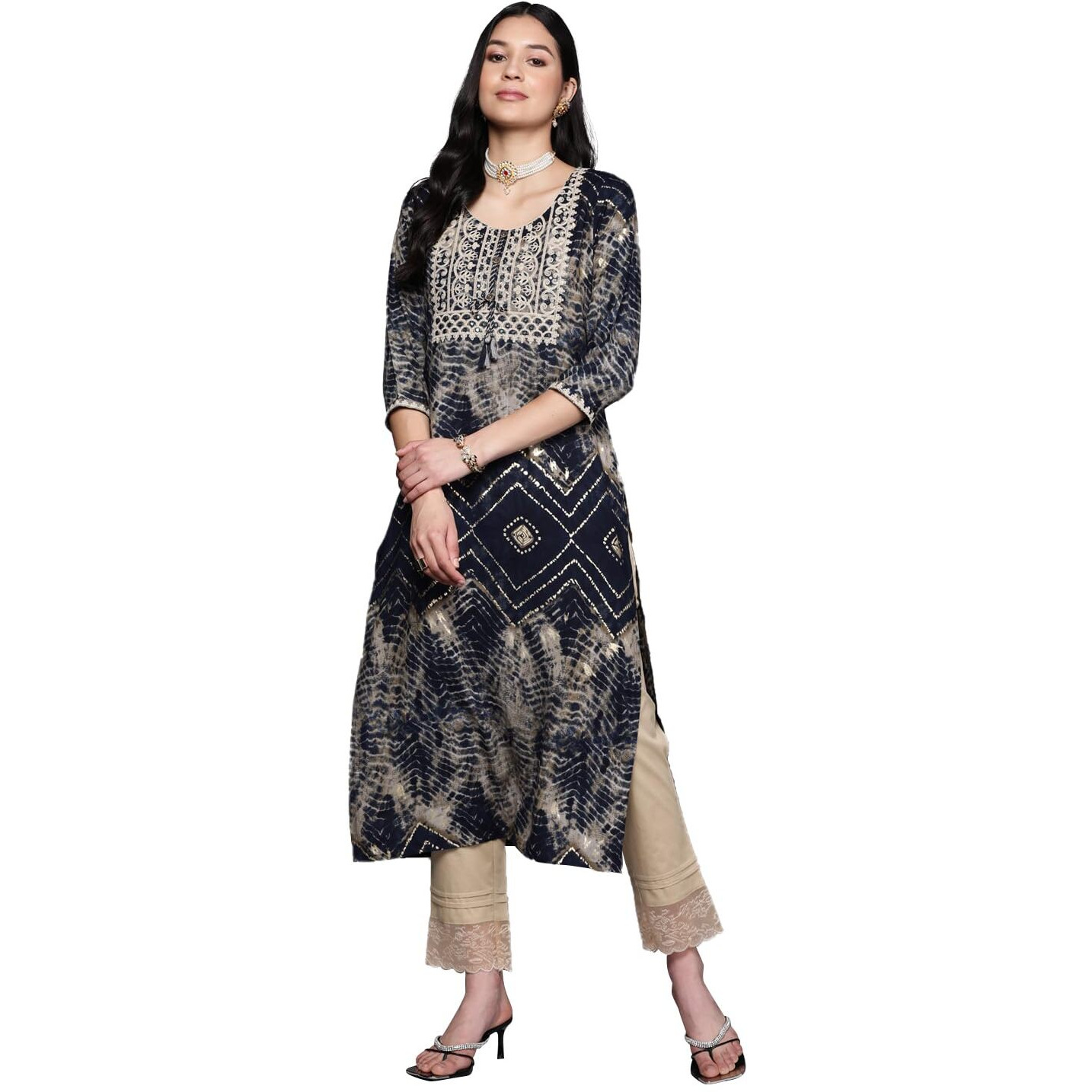 Libas Women's Viscose Rayon Yoke Design Straight Kurta (23748O_Navy Blue