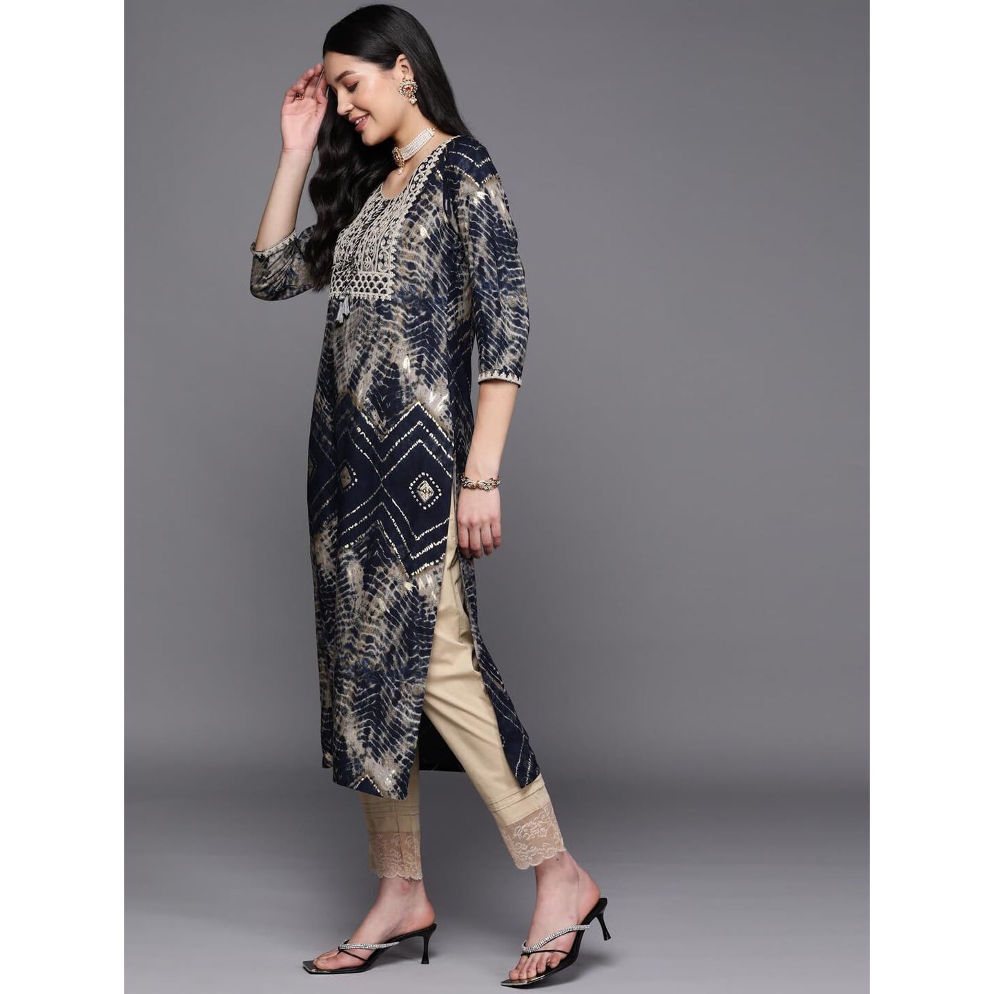 Libas Women's Viscose Rayon Yoke Design Straight Kurta (23748O_Navy Blue