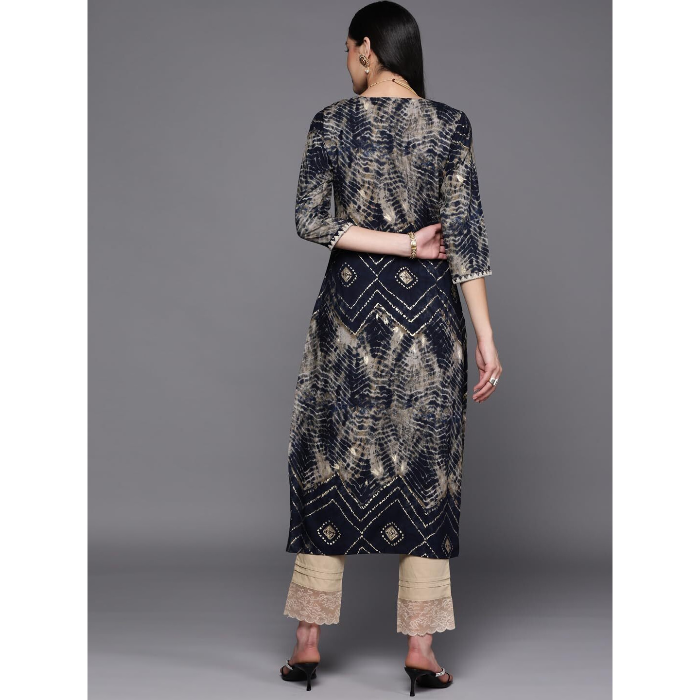 Libas Women's Viscose Rayon Yoke Design Straight Kurta (23748O_Navy Blue