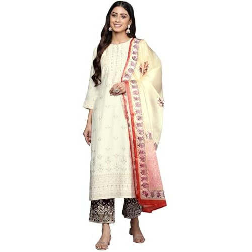 Libas Womens Printed Silk Blend Straight Kurta With Trousers And Dupatta