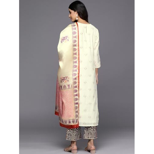 Libas Womens Printed Silk Blend Straight Kurta With Trousers And Dupatta