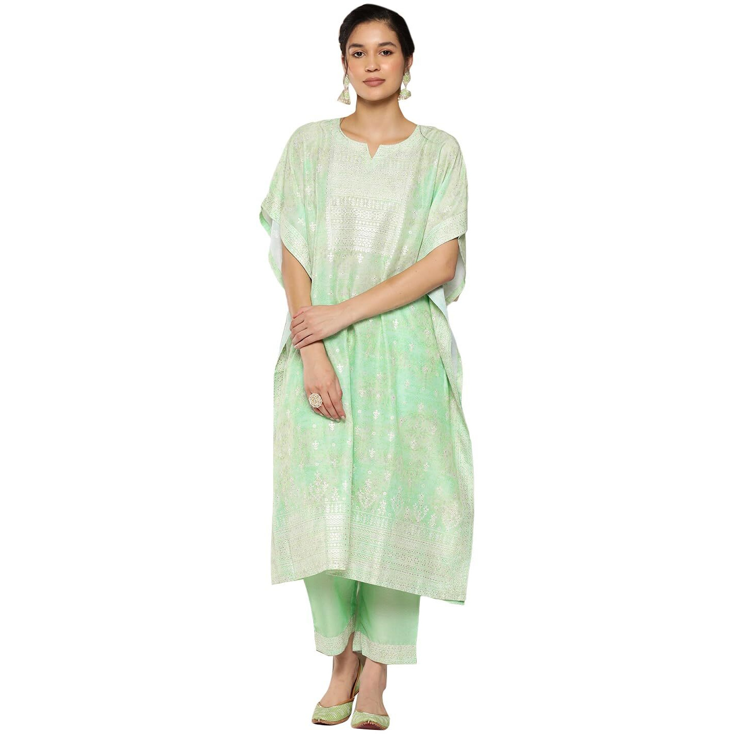 Libas Womens Printed Silk Blend Kaftan Kurta With Trousers