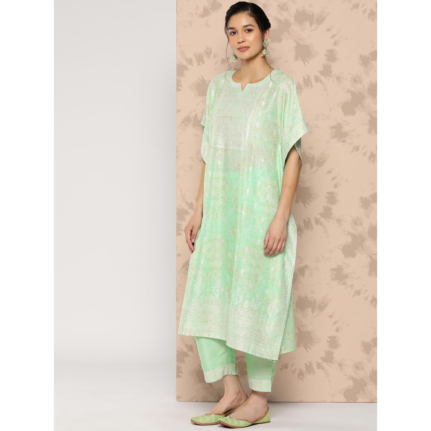 Libas Womens Printed Silk Blend Kaftan Kurta With Trousers