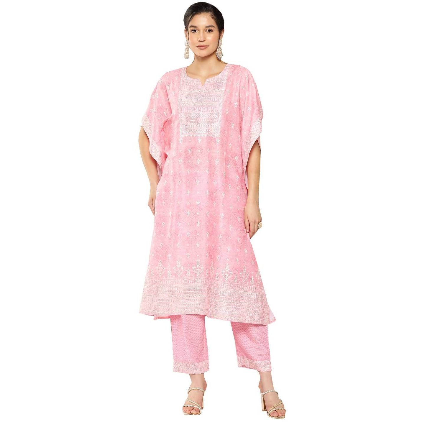 Libas Womens Printed Silk Blend Kaftan Kurta With Trousers