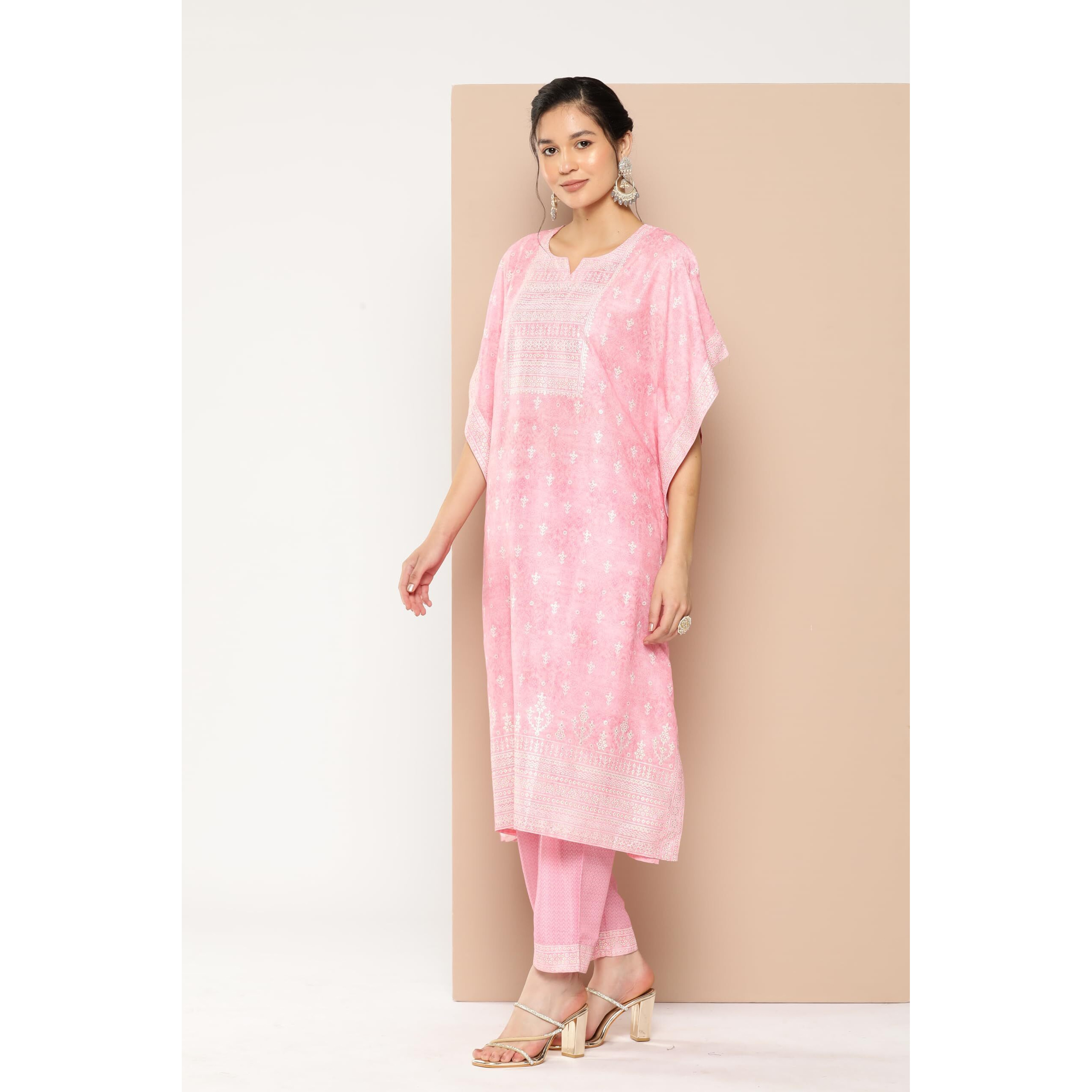 Libas Womens Printed Silk Blend Kaftan Kurta With Trousers
