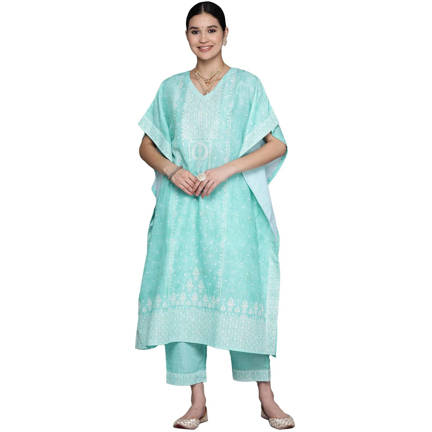Libas Womens Printed Silk Blend Kaftan Kurta With Trousers