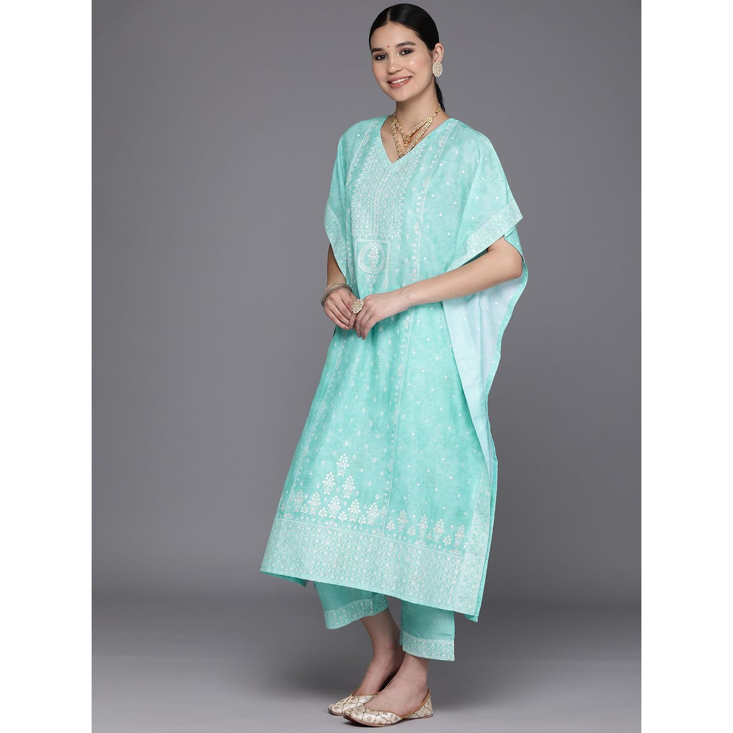 Libas Womens Printed Silk Blend Kaftan Kurta With Trousers
