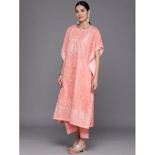 Libas Womens Printed Silk Blend Kaftan Kurta With Trousers