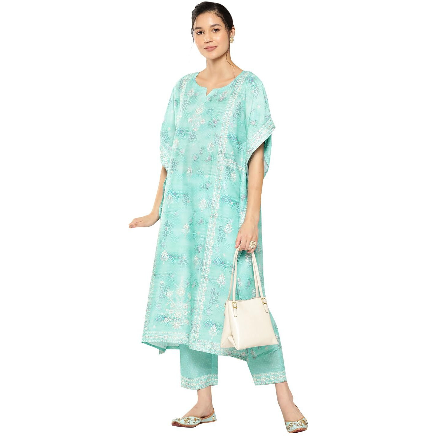 Libas Womens Printed Silk Blend Kaftan Kurta With Trousers