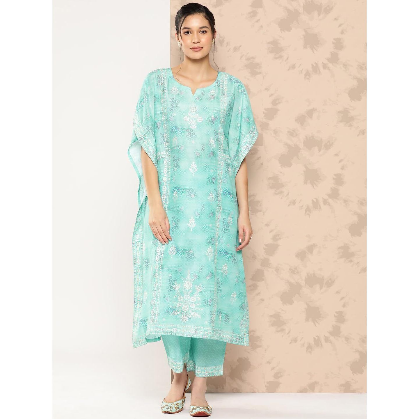 Libas Womens Printed Silk Blend Kaftan Kurta With Trousers