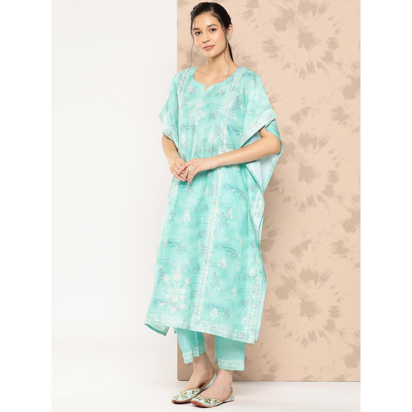 Libas Womens Printed Silk Blend Kaftan Kurta With Trousers