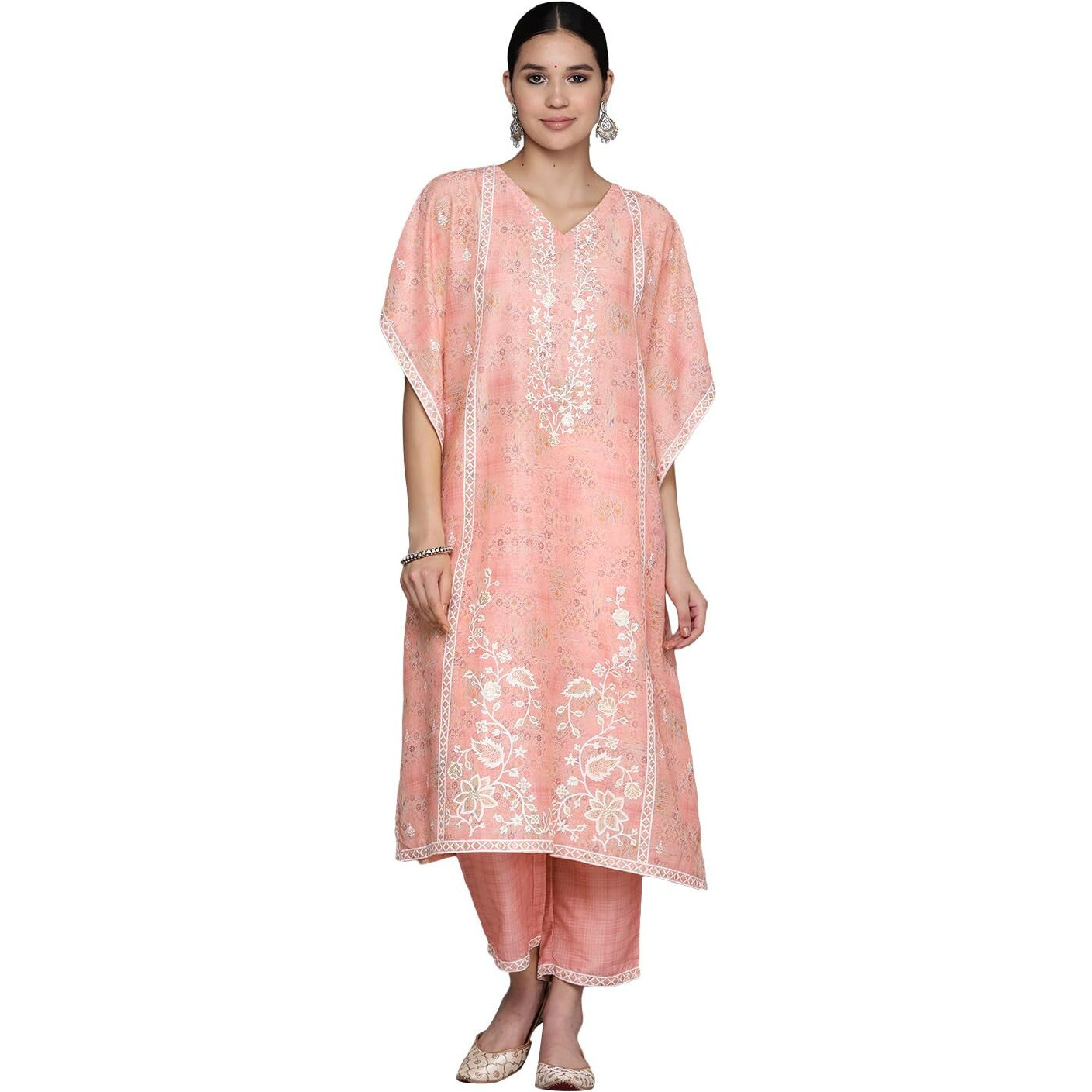 Libas Womens Printed Silk Blend Kaftan Kurta With Trousers