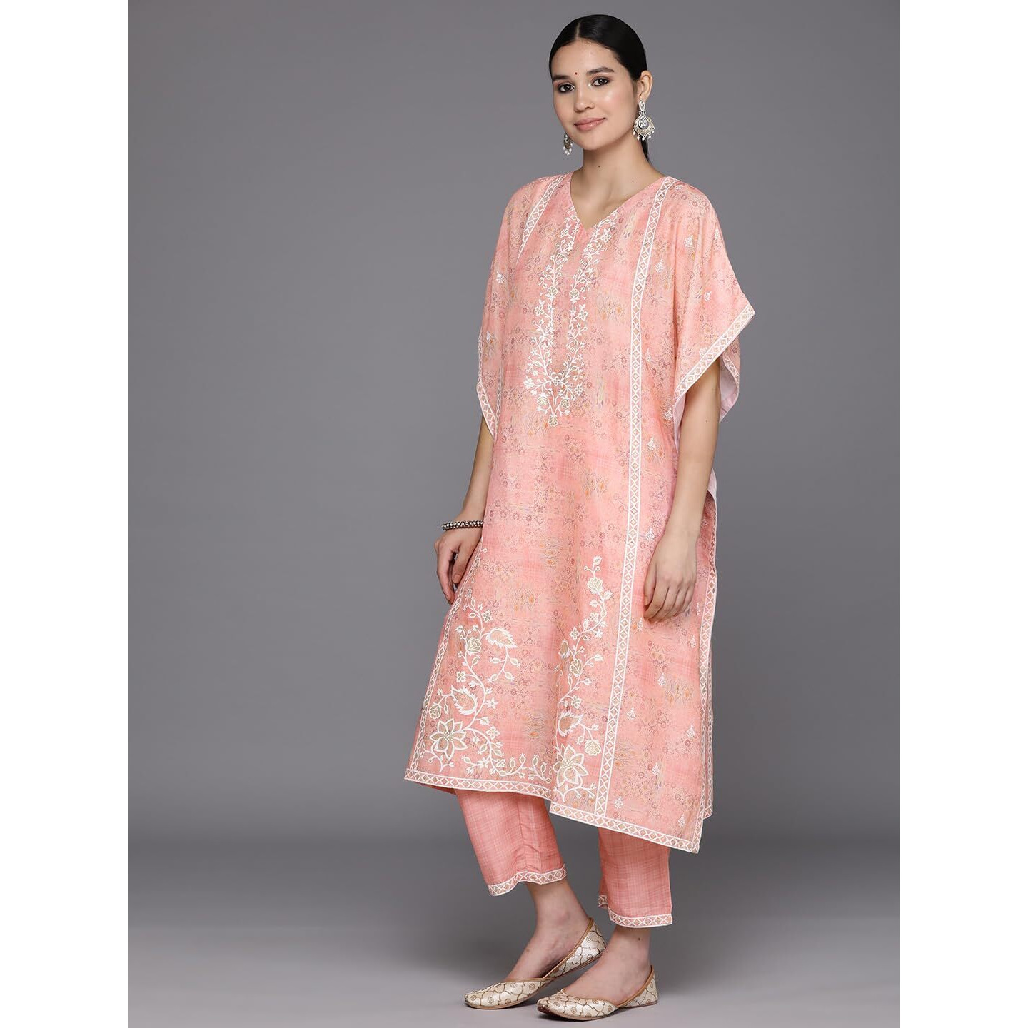 Libas Womens Printed Silk Blend Kaftan Kurta With Trousers