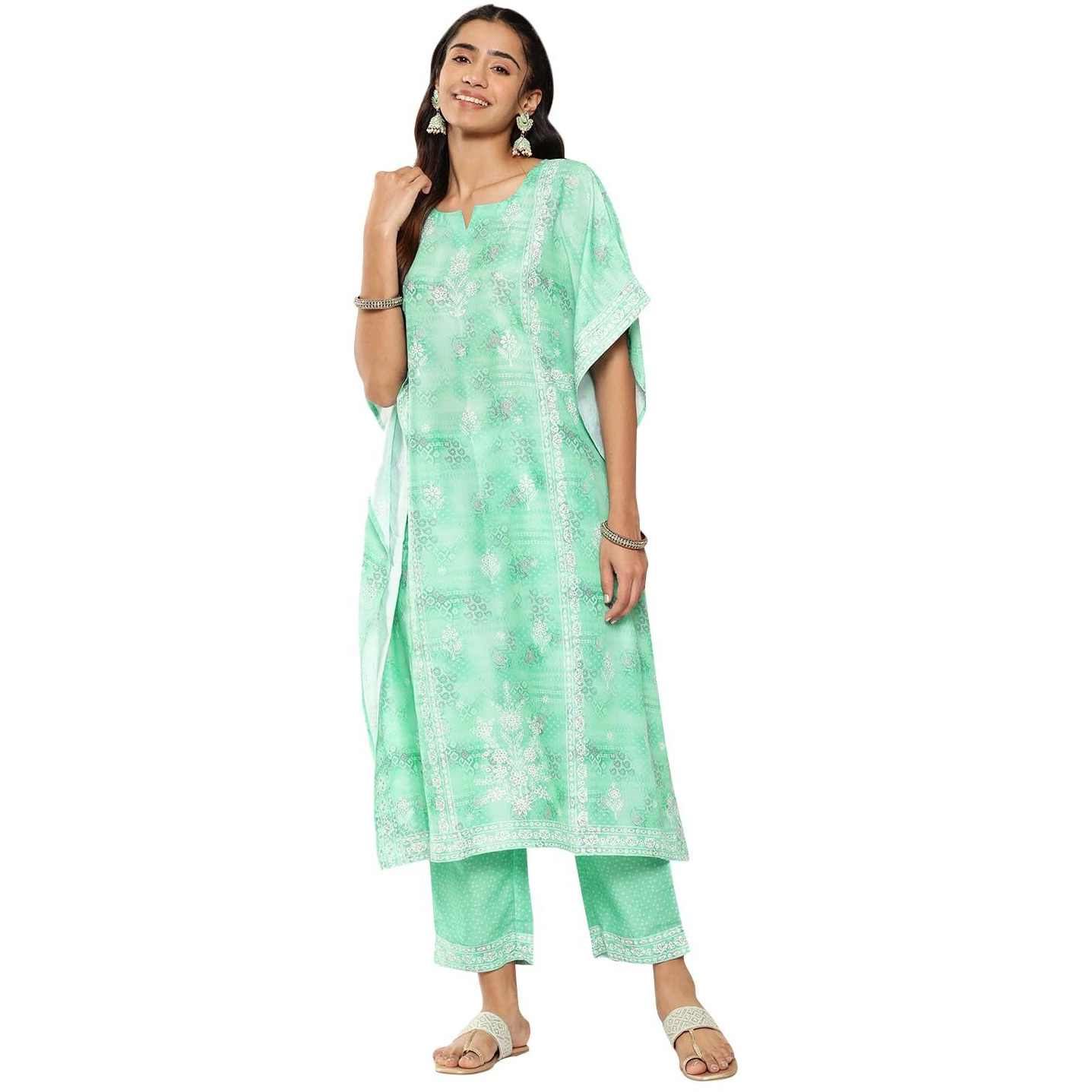 Libas Womens Printed Silk Blend Kaftan Kurta With Trousers