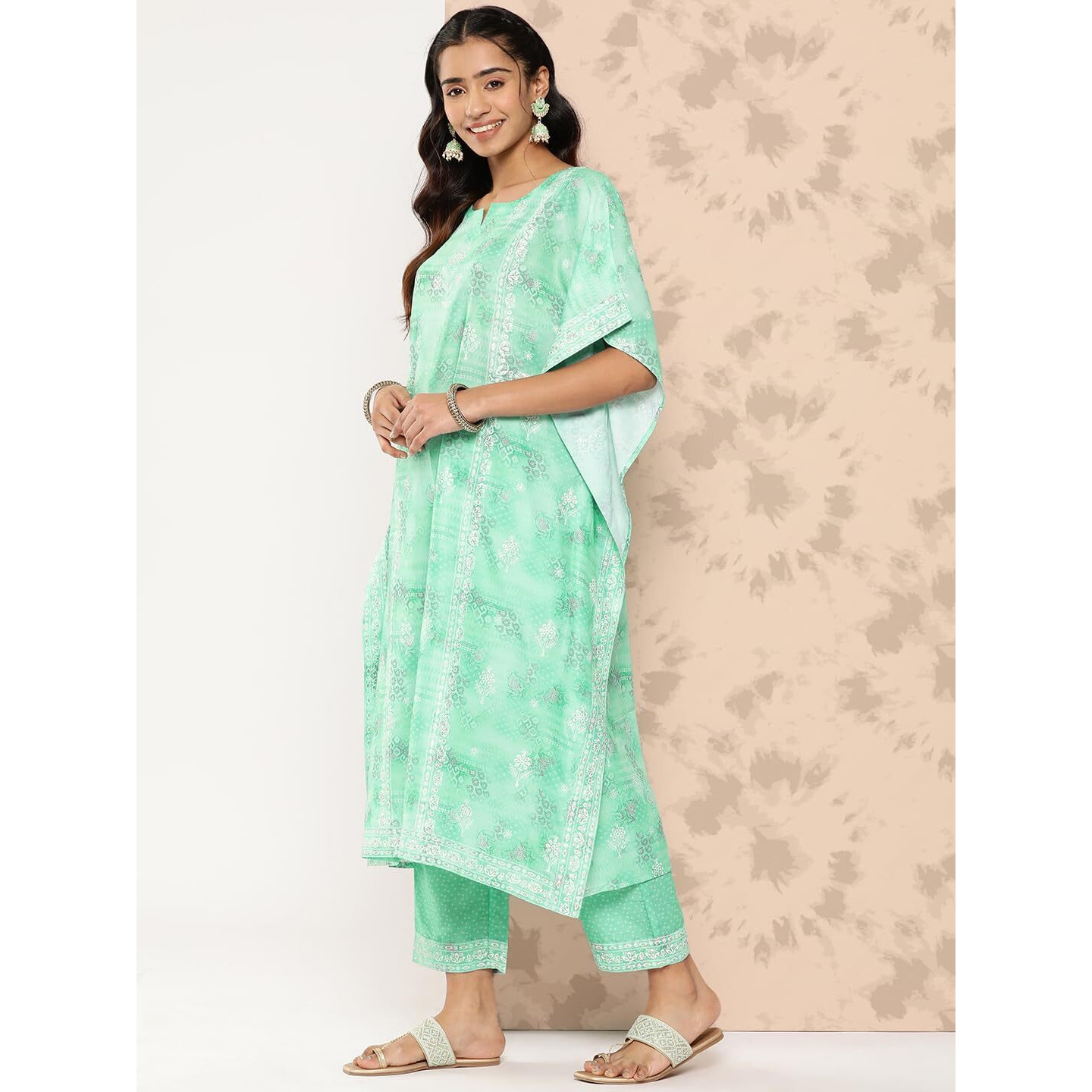 Libas Womens Printed Silk Blend Kaftan Kurta With Trousers