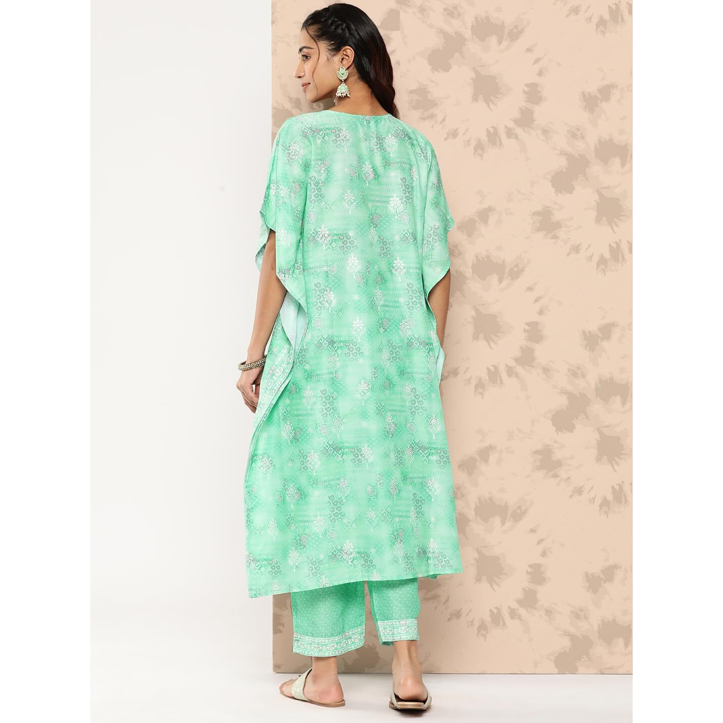 Libas Womens Printed Silk Blend Kaftan Kurta With Trousers