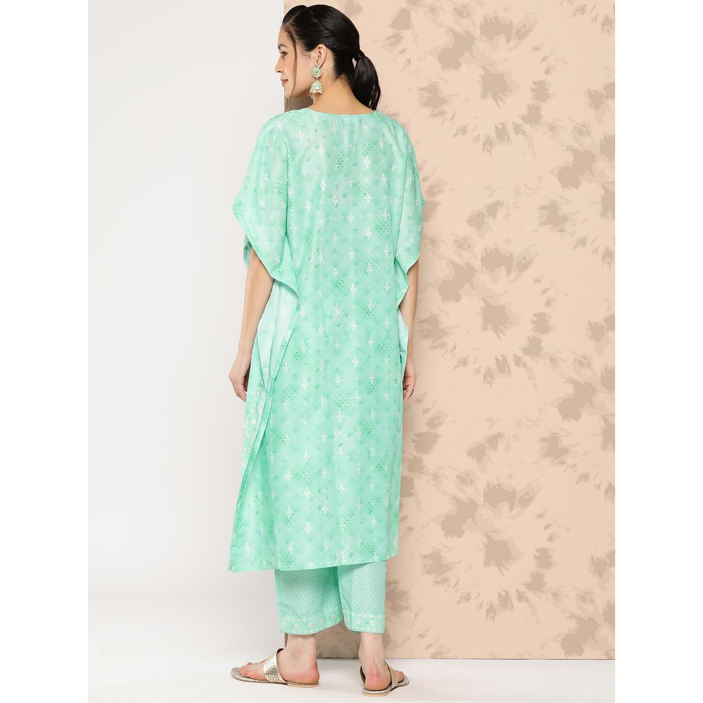 Libas Womens Printed Silk Blend Kaftan Kurta With Trousers