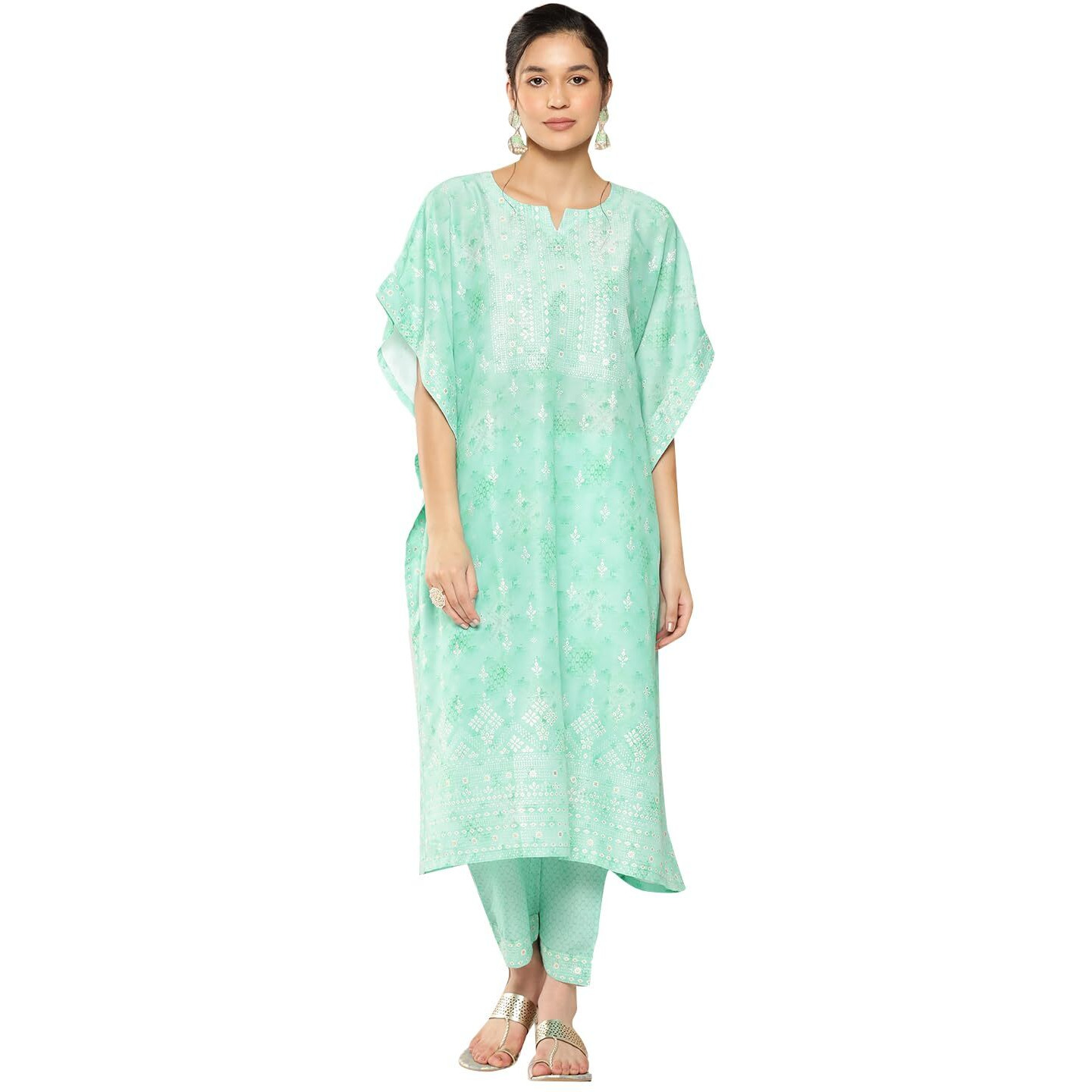 Libas Womens Printed Silk Blend Kaftan Kurta With Trousers