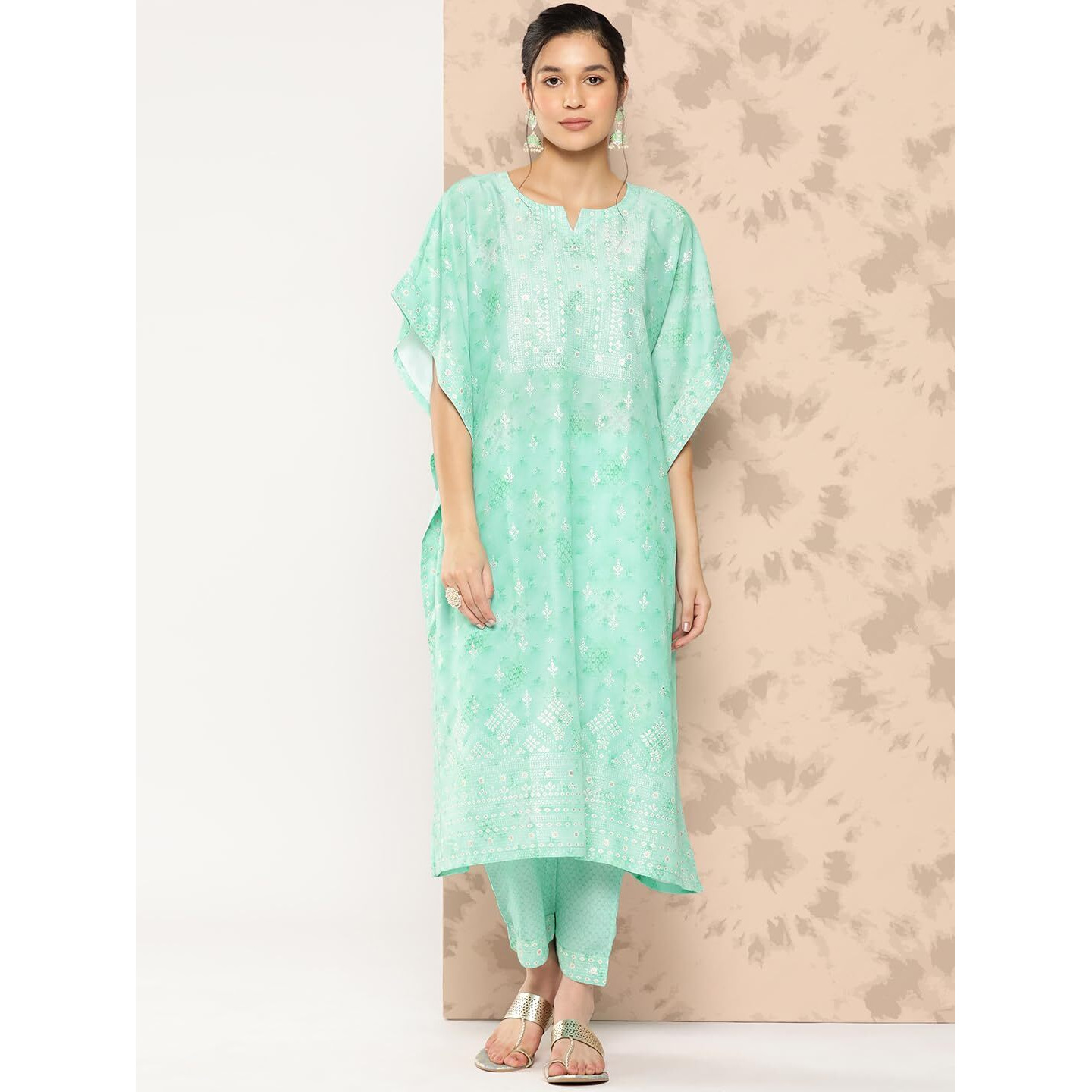 Libas Womens Printed Silk Blend Kaftan Kurta With Trousers