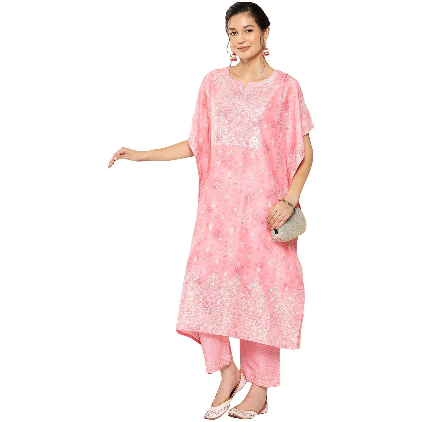 Libas Womens Printed Silk Blend Kaftan Kurta With Trousers