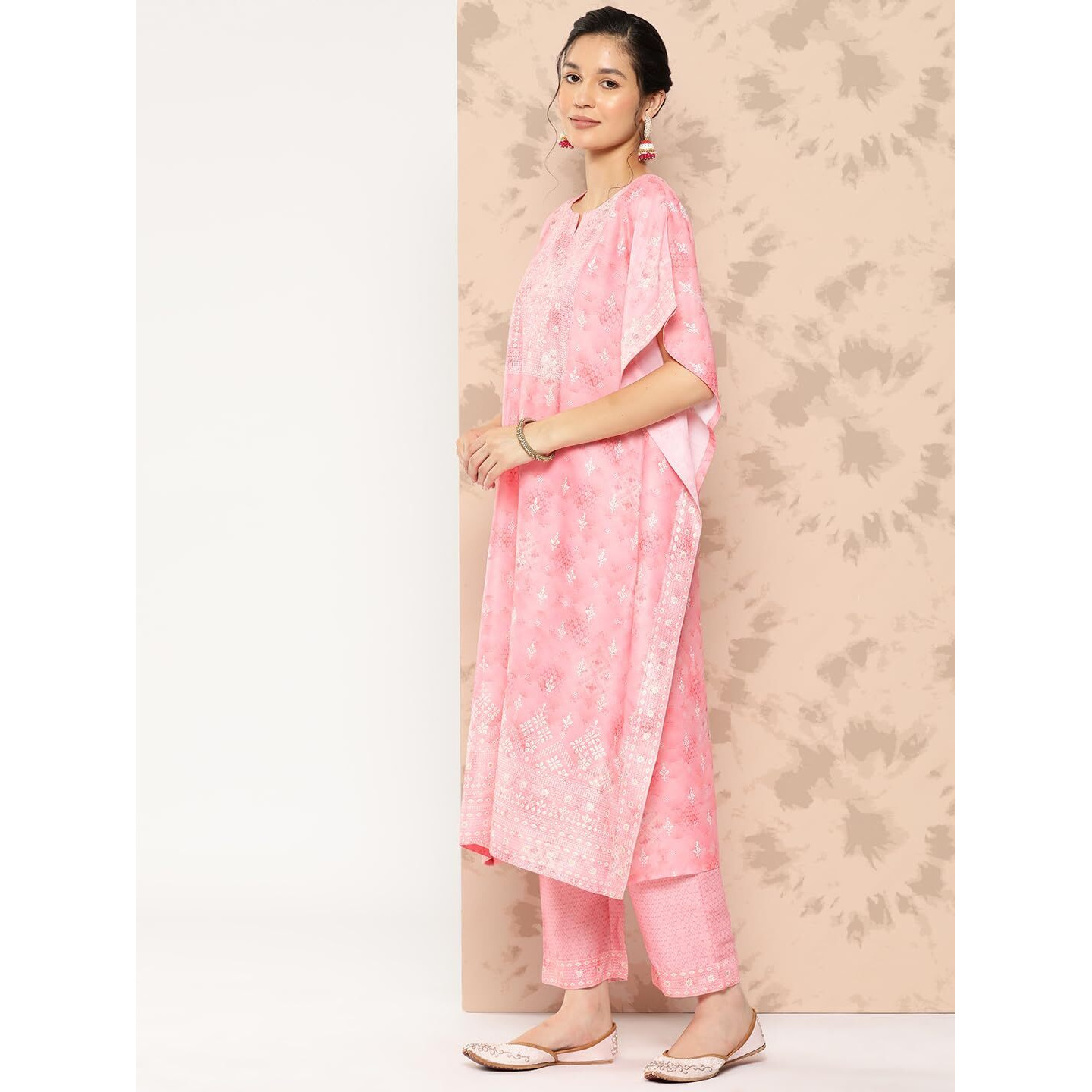 Libas Womens Printed Silk Blend Kaftan Kurta With Trousers