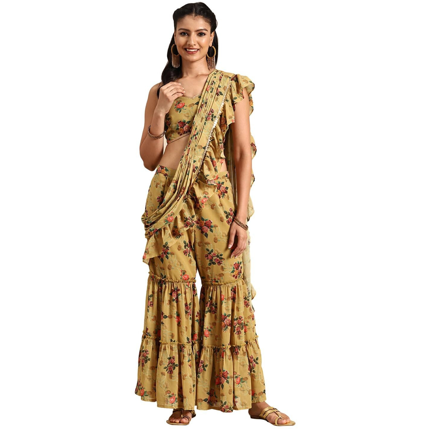 Libas Women's Georgette Saree (34490_Olive)